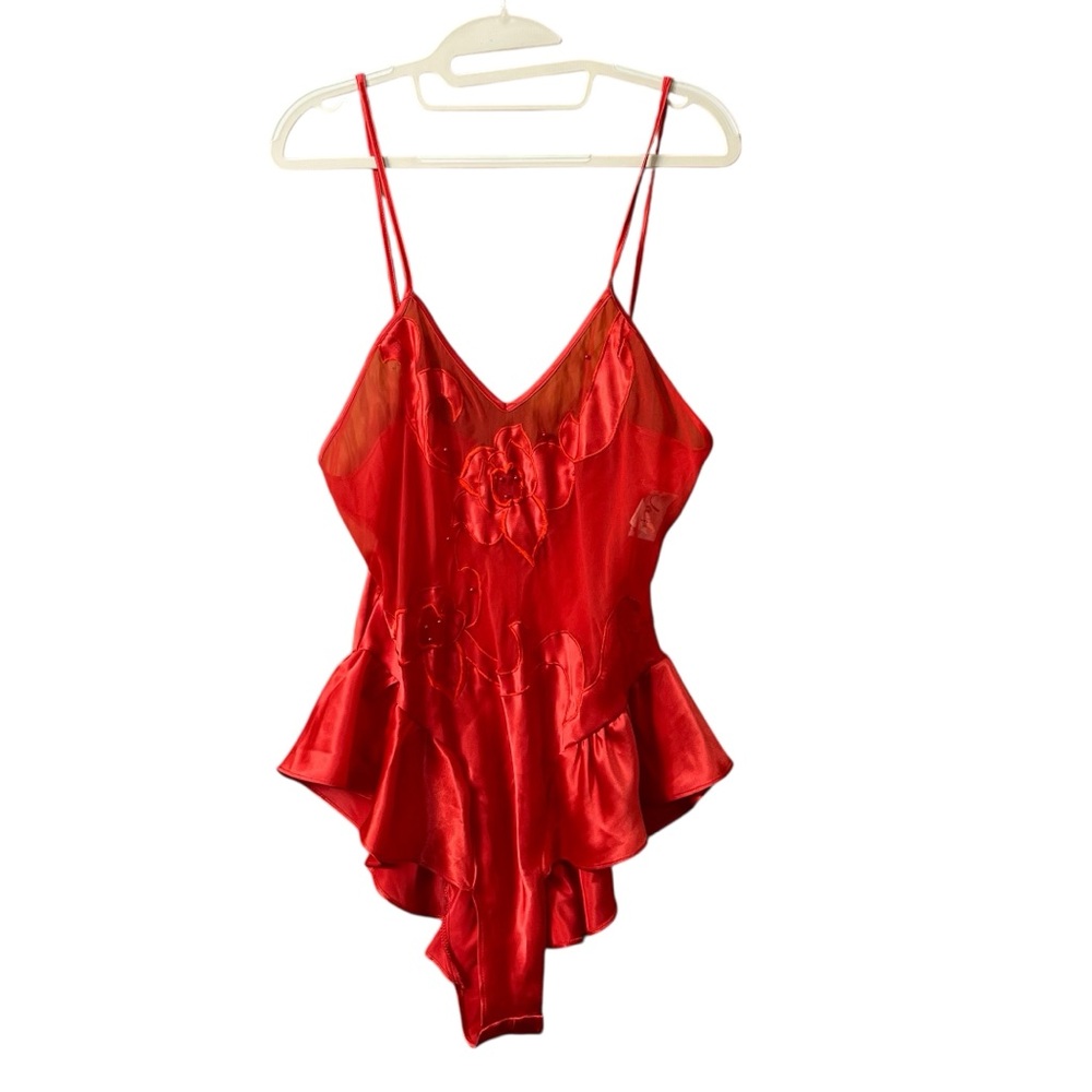Vintage Josie Red Romantic Sheer Mesh Satin Flutter hips Teddy Slip Size M